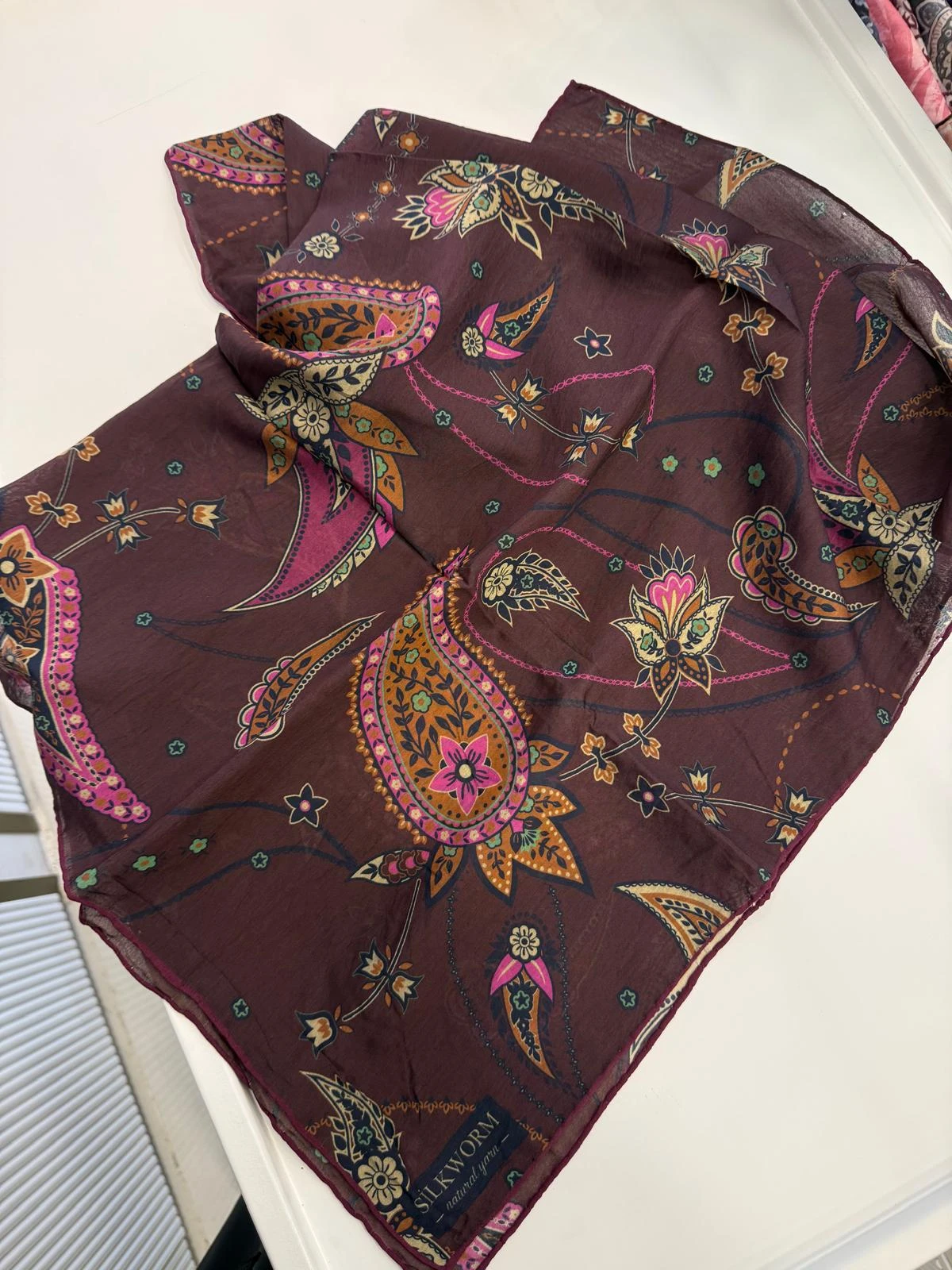 BORDO Silkworm Etnik Desen Tensel Eşarp